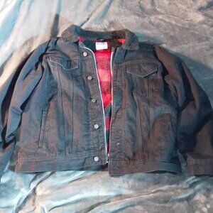Mens sherpa line trucker denim jean jacket black XL punk metal biker